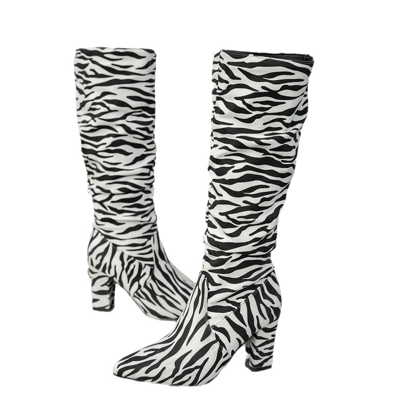Shoeswoon Zebra Print Ruched Shaft Pointed Toe Block Heel Knee High Boots