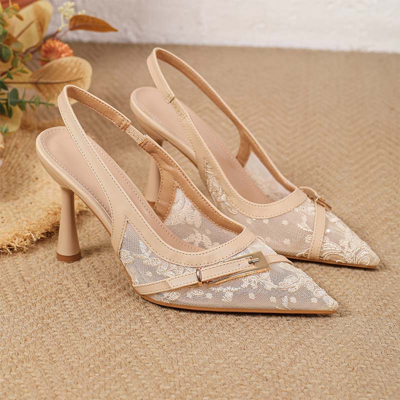 Shoeswoon Elegant Embroidered Lace Pointed Toe Slingback Thin High Heels