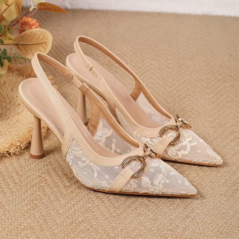 Shoeswoon Sheer Lace Horsebit Decor Pointed Slingback Flared Heels