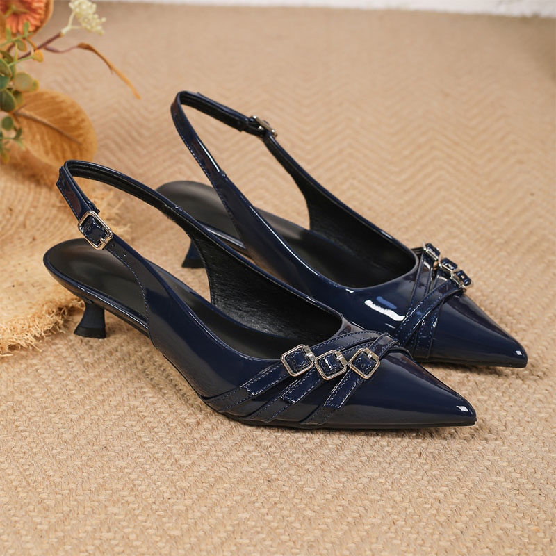 Shoeswoon Patent Leather Triple Buckle Pointed Slingback Low Heels