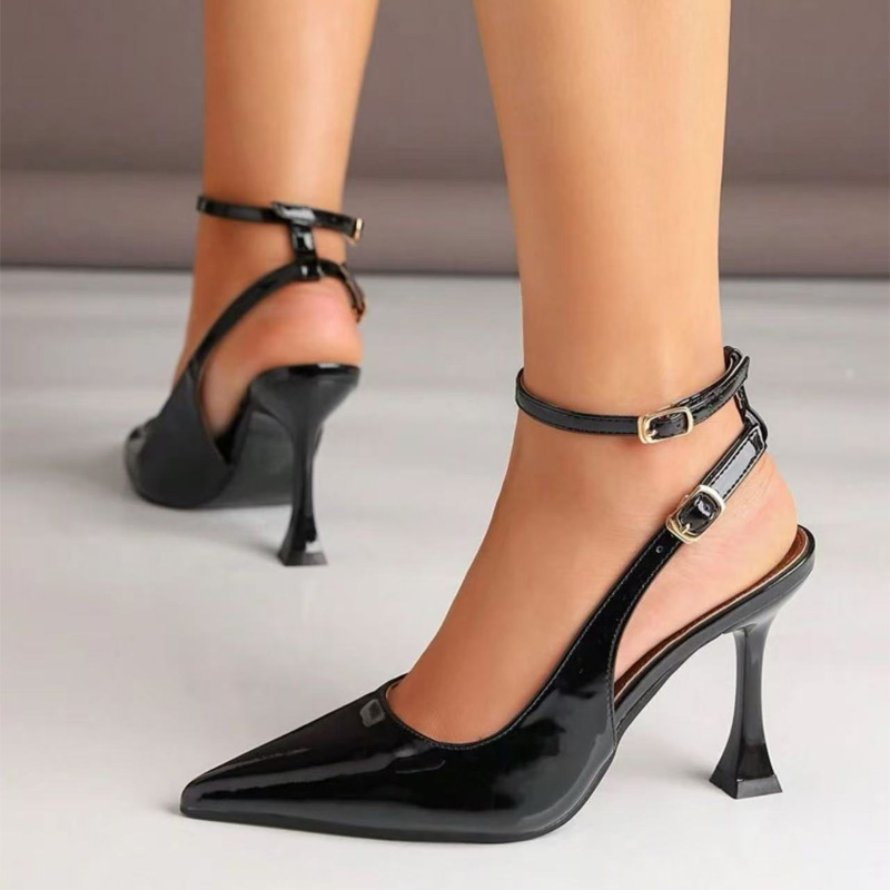 Shoeswoon Glossy Patent Double Ankle Strap Pointed Toe Sculptural Heels