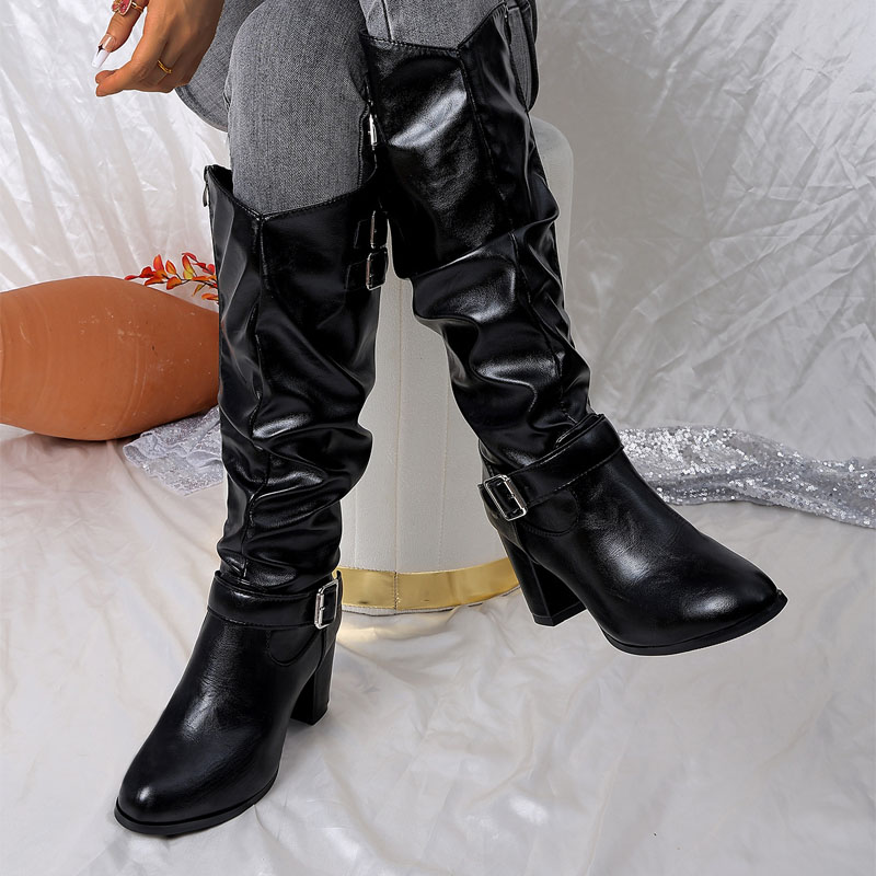 Shoeswoon Vintage Ruched Shaft Metal Buckle Side Zip Block Heel Boots