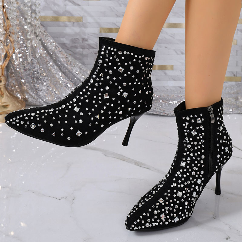 Shoeswoon Party Glitter Rhinestone Decor Pointed Toe Slim Heel Ankle Boots