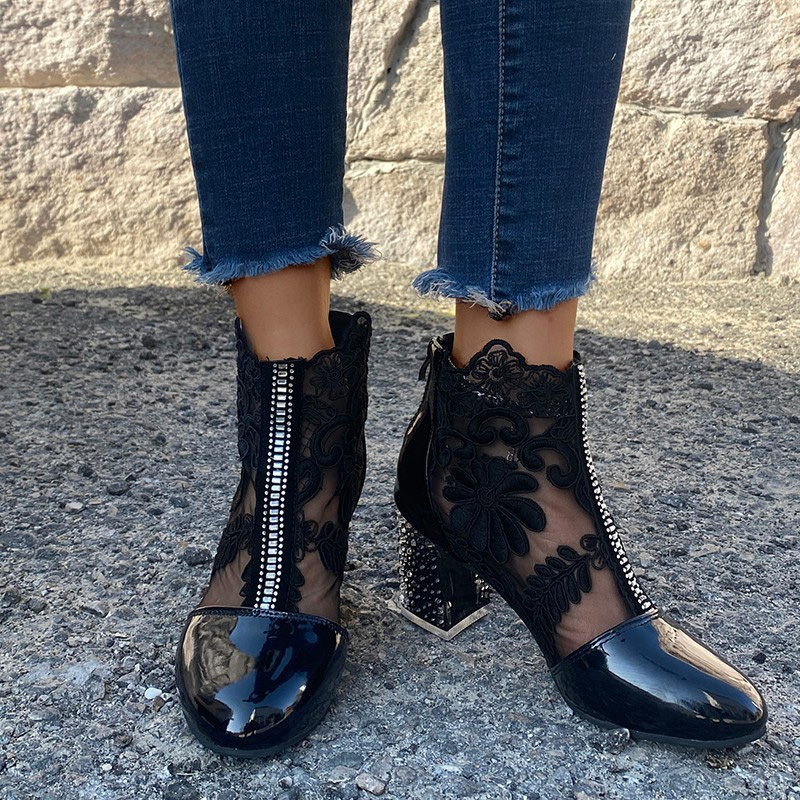 Shoeswoon Floral Lace Mesh Panel Rhinestone Chunky Block Heel Ankle Boots