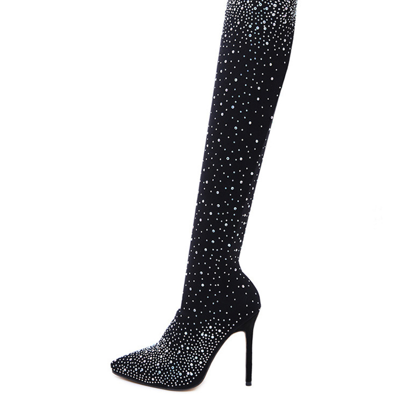 Shoeswoon Full Rhinestone Pointed Toe Stiletto Stretch Over The Knee Boots