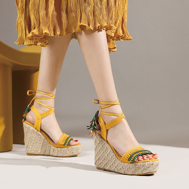 Shoeswoon Striped Tassel Lace Up Ankle Wrap Woven Jute Espadrille Wedge Sandals