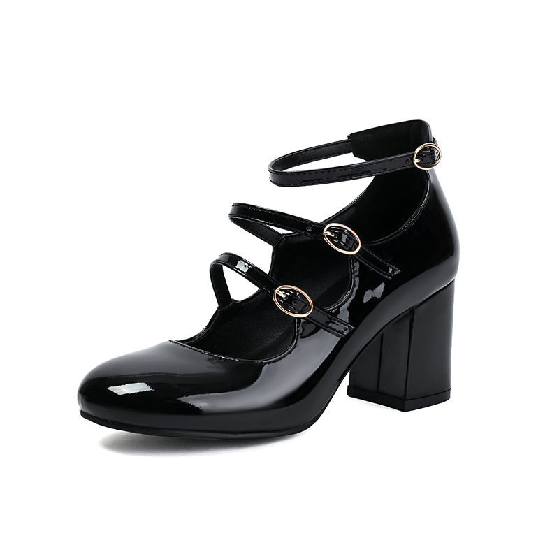 Shoeswoon Round Toe Triple Strap Patent Mary Janes Mid Block Heel