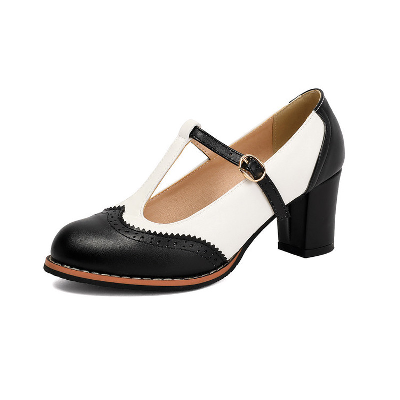 Shoeswoon Round Toe Retro Saddle T‑Bar Mary Janes Mid Block Heel