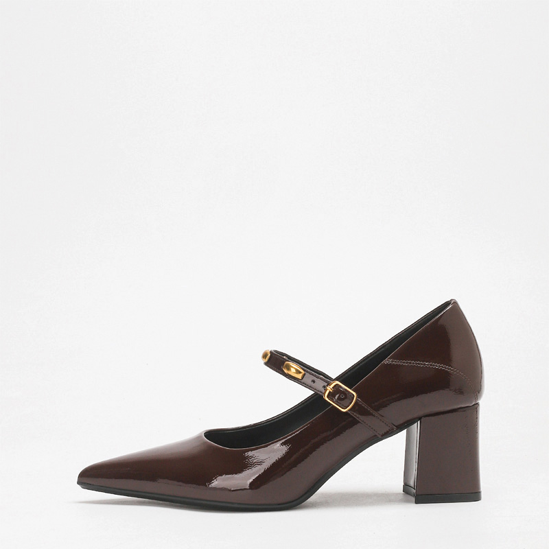 Shoeswoon Pointed Toe Glossy Patent Mary Janes Gold Decor Strap Mid Block Heel