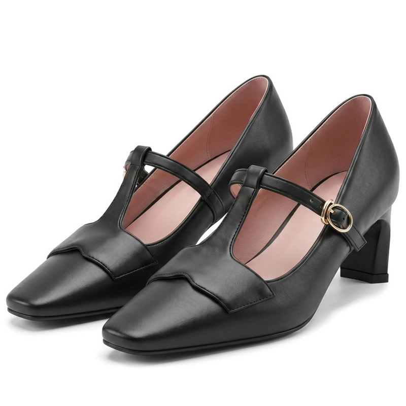 Shoeswoon Vintage T‑Strap Square Toe Block Heel Mary Jane Pumps