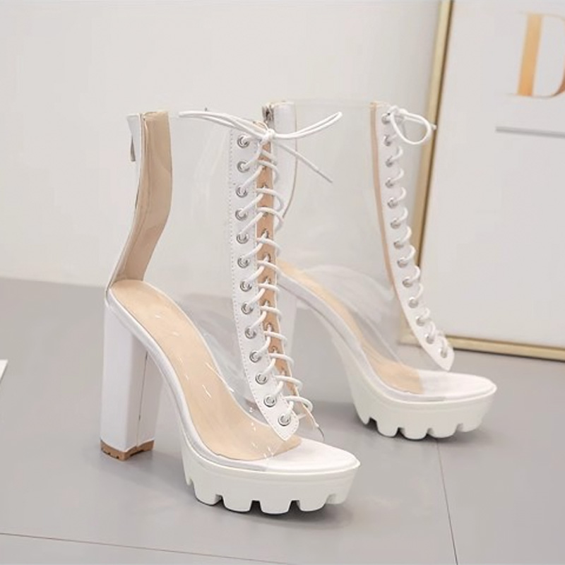 Shoeswoon Clear Peep Toe Lace-Up Platform Chunky Heel Sandals
