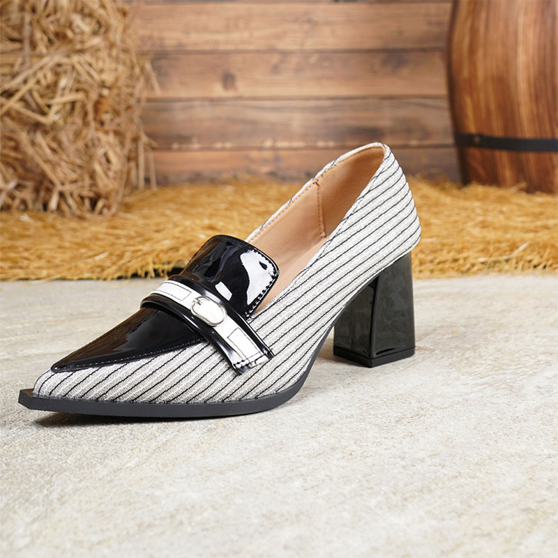 Shoeswoon Retro Pointed‑Toe Striped Patent Mix Block Heel Loafer Shoes