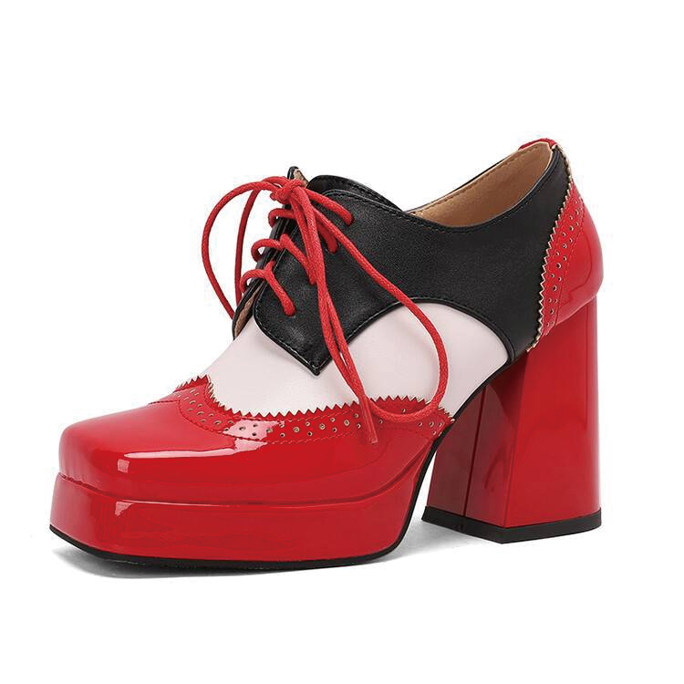 Shoeswoon Spliced Brogue Lace‑Up Platform Chunky Block Heel Oxford Shoes