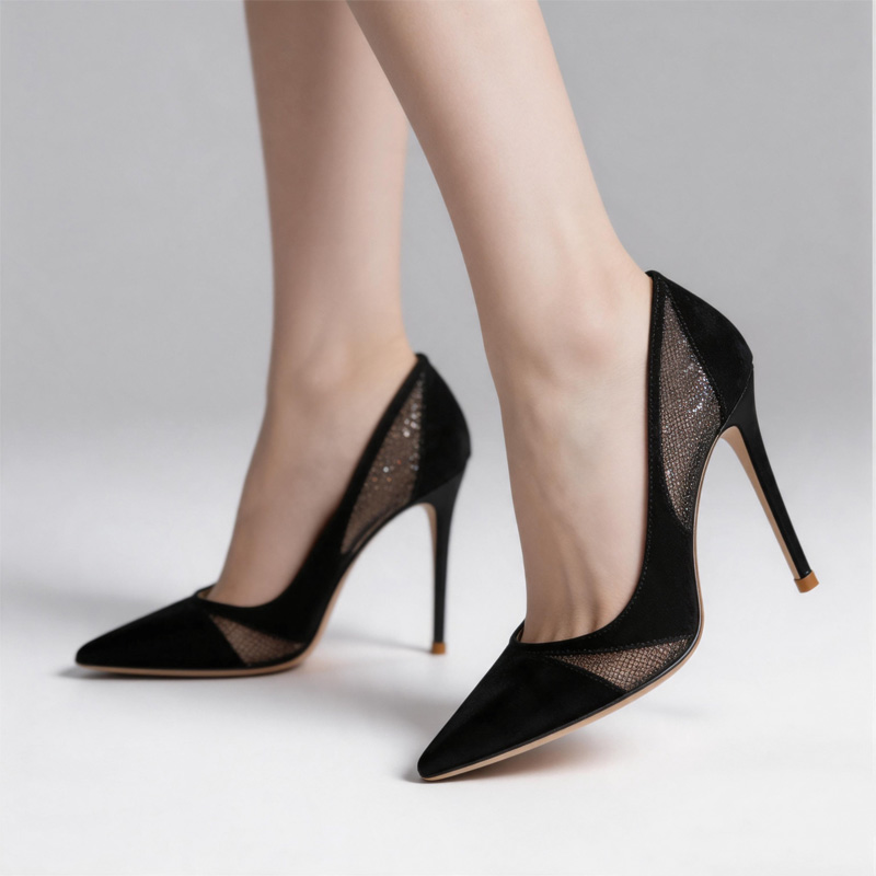 Shoeswoon Mesh Patchwork Pointed Toe Thin Stiletto Heel Pumps
