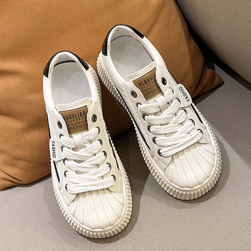 Shoeswoon Retro Shell Head Thick‑Ridged Sole Faux‑Leather Lace‑Up Chunky Fashion Sneakers
