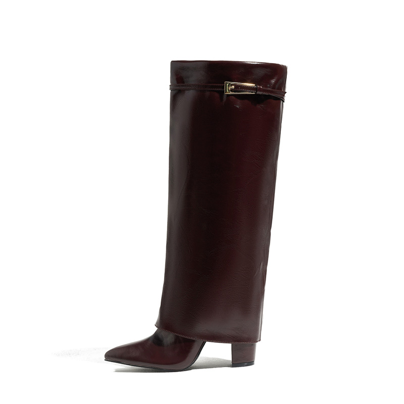 Shoeswoon Metal Buckle Fold‑Over Cuff Pointed Toe Block Heel Knee High Boots