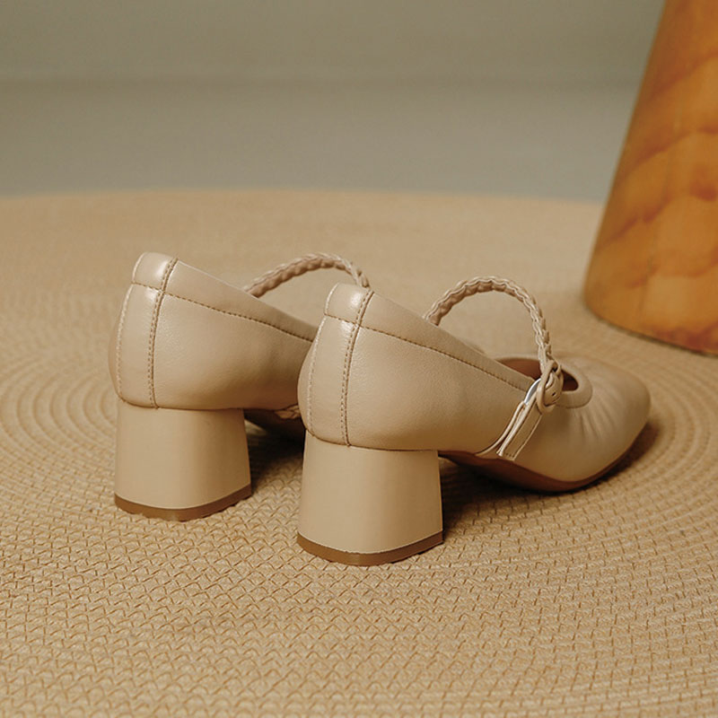 Shoeswoon Soft Pleated Upper Mary Janes Braided Buckle Strap Low Block Heel Shoes