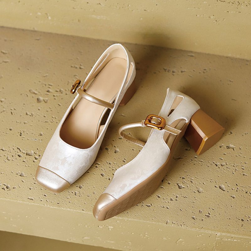 Shoeswoon Square‑Toe Side Cut‑Out Mary Jane Pumps Vintage Jacquard Dress Heels