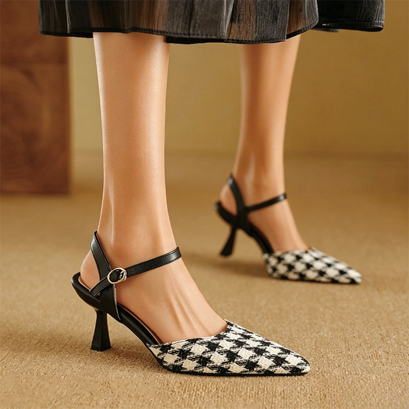Shoeswoon Plaid Fabric Slingback Heels Ankle Buckle Strap Heels