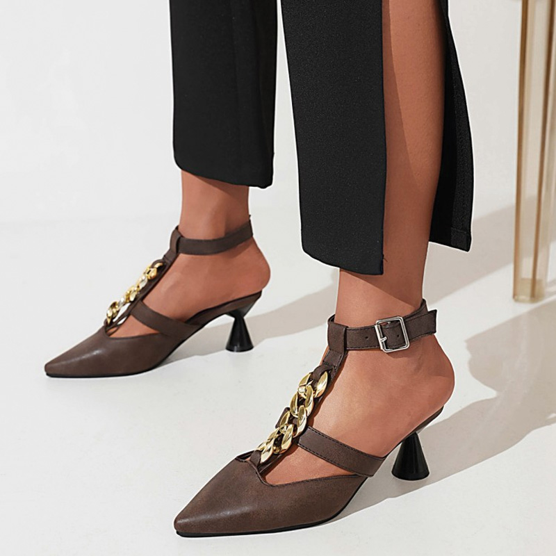 Shoeswoon Metal Chain Pointed Toe T‑Strap Ankle Strap Heels