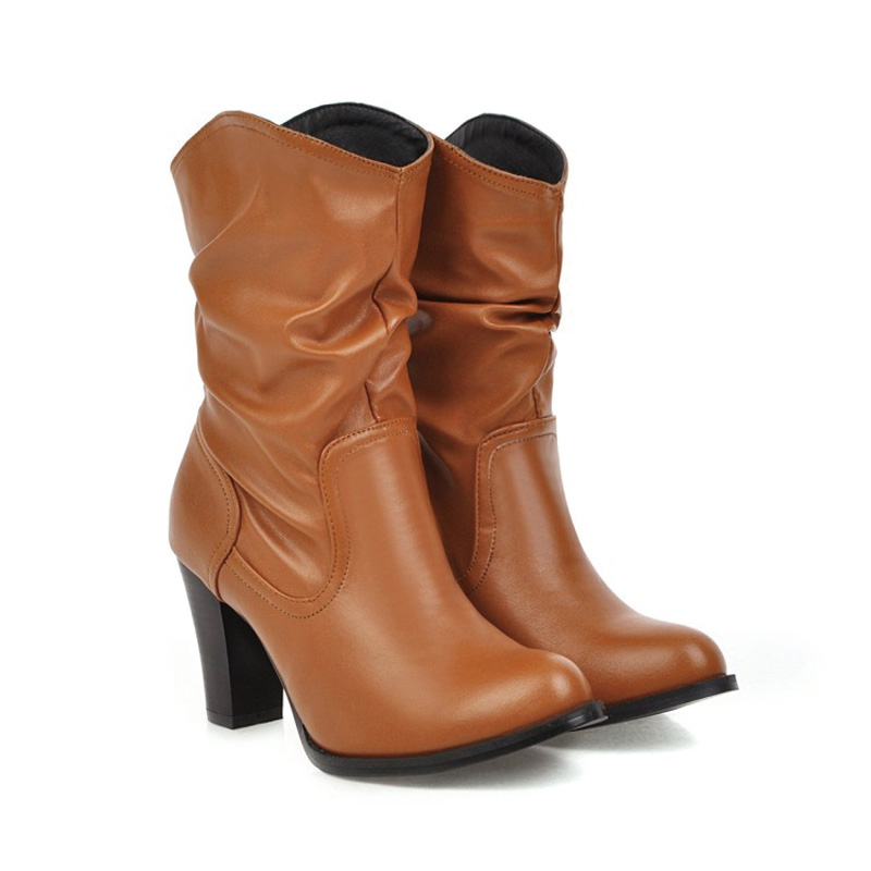 Shoeswoon Ruched Shaft Round‑Toe Wooden Block Heel Mid‑Calf Boots