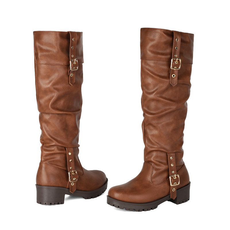 Shoeswoon Slouchy Multi‑Buckle Platform Block Heel Knee‑High Boots