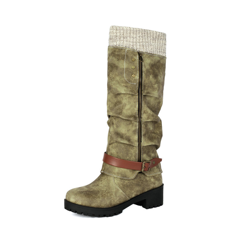 Shoeswoon Knit Cuff Buckle‑Decor Side‑Zip Platform Block Heel Knee‑High Boots