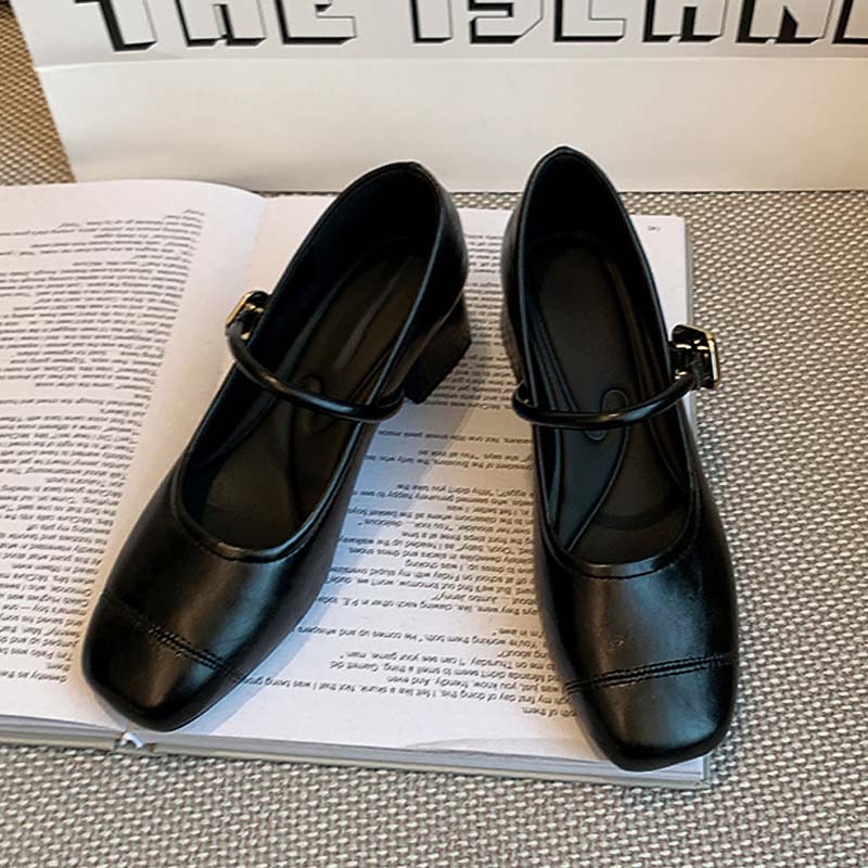 Shoeswoon Metal Buckle Square Toe Block Heel Mary Jane Pumps