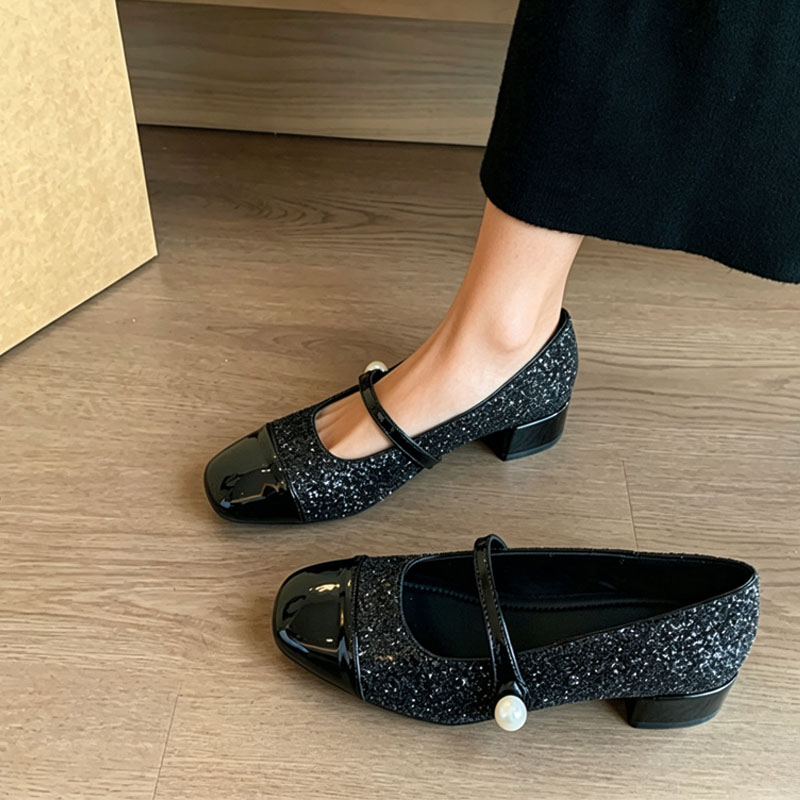 Shoeswoon Pearl‑Decor Two‑Tone Square Toe Low Block Heel Mary Jane Pumps