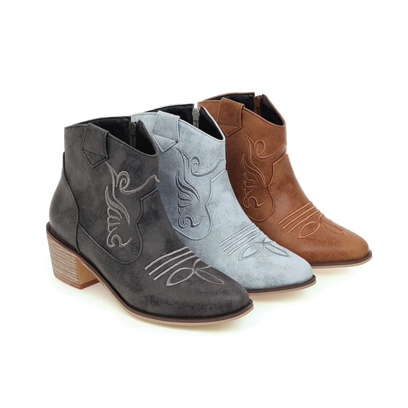 Shoeswoon Embroidered Western Ankle Booties Side Zip Stacked Block Heel