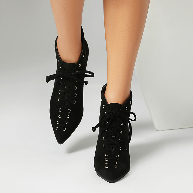 Shoeswoon Pointed Toe Lace‑Up Ankle Booties Eyelet Decor Stiletto Heel