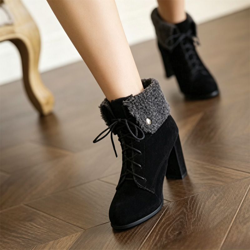 Shoeswoon Fleece‑Cuff Lace‑Up Ankle Booties Faux‑Fur Trim Block Heel