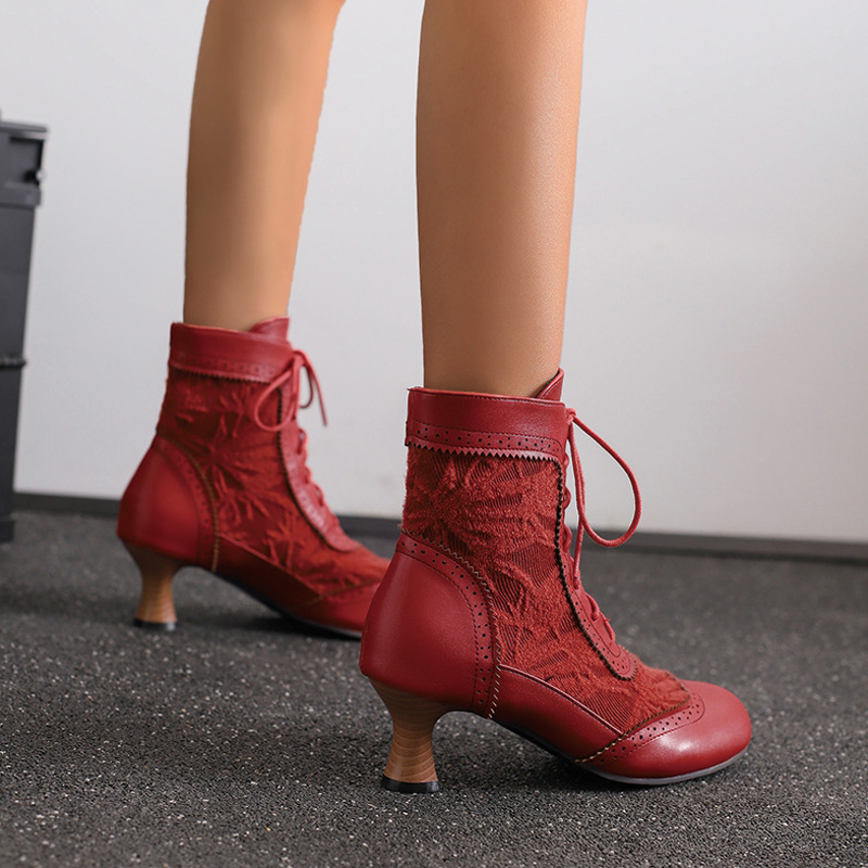 Shoeswoon Victorian Lace‑Panel Ankle Booties Brogue Trim Front Lace‑Up Kitten Heel