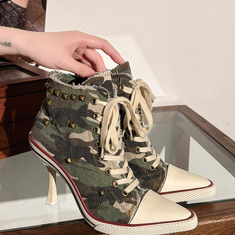 Shoeswoon Camo Canvas High‑Top Stiletto Heel Sneaker Boots Studded Fringe Trim