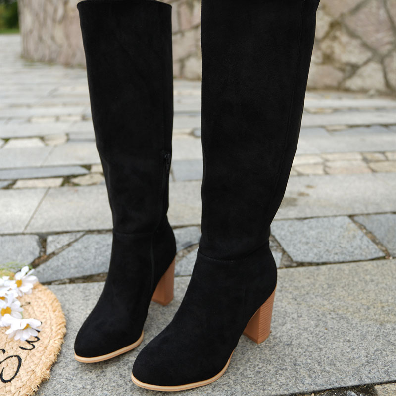 Shoeswoon Elegant Side Zipper Round Toe Chunky Wood Heel Knee High Boots