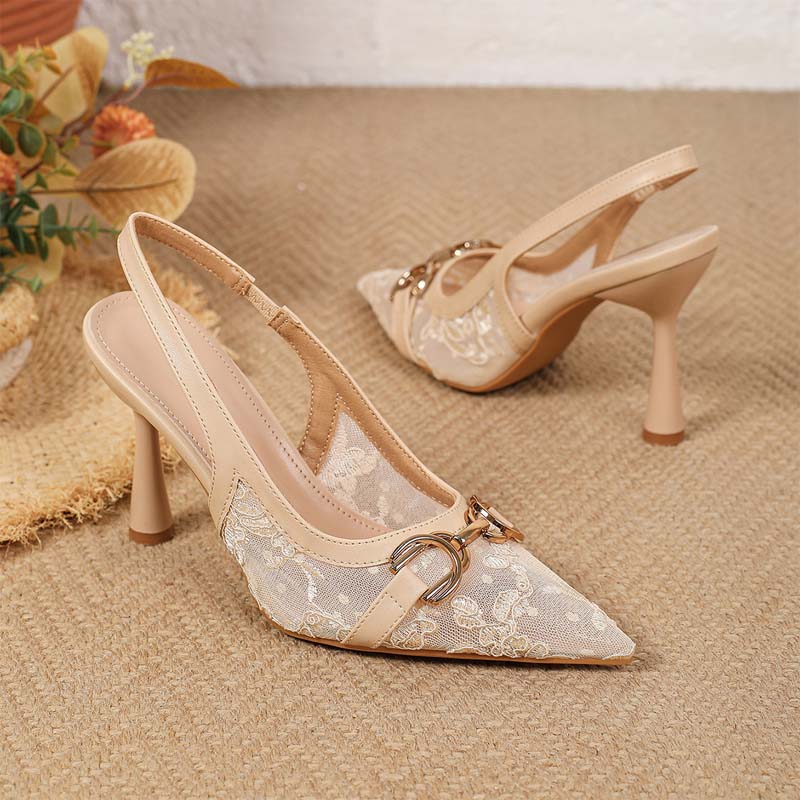 Shoeswoon Sheer Lace Horsebit Decor Pointed Slingback Flared Heels