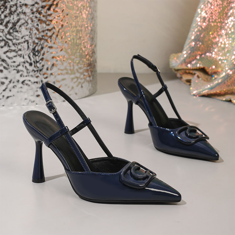 Shoeswoon Pointed Toe Patent Slingback Strap Statement Buckle High Heels