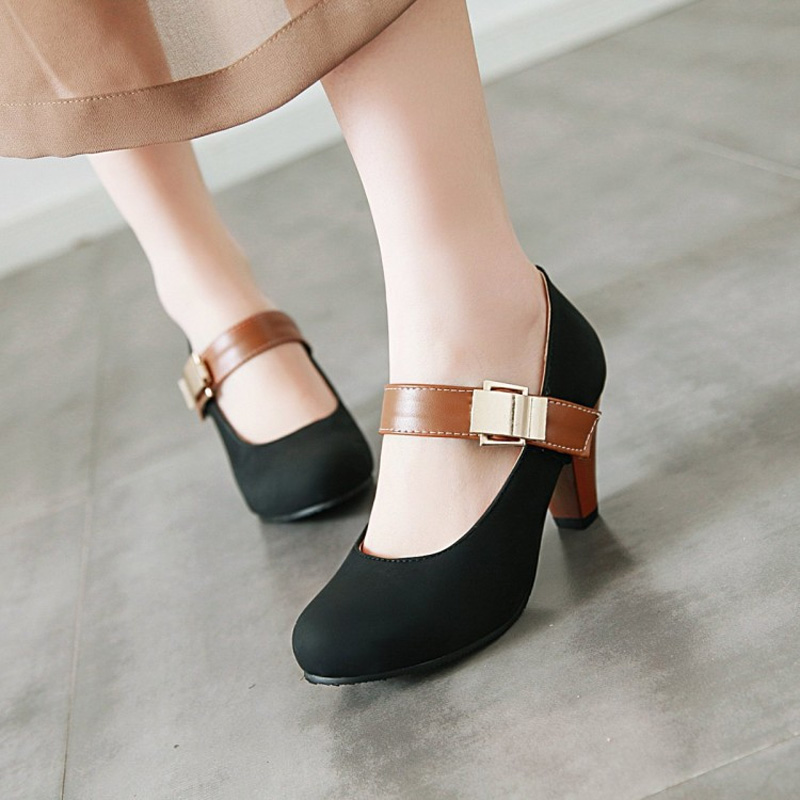 Shoeswoon Vintage Mary Jane Metal Buckle Round Toe High Heels