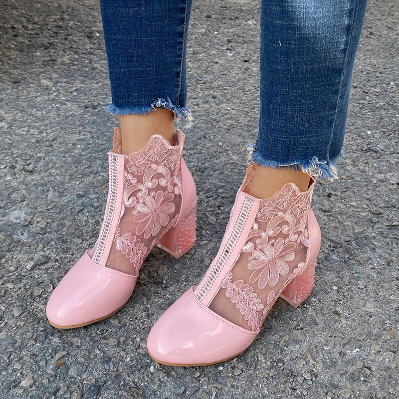 Shoeswoon Floral Lace Mesh Panel Rhinestone Chunky Block Heel Ankle Boots