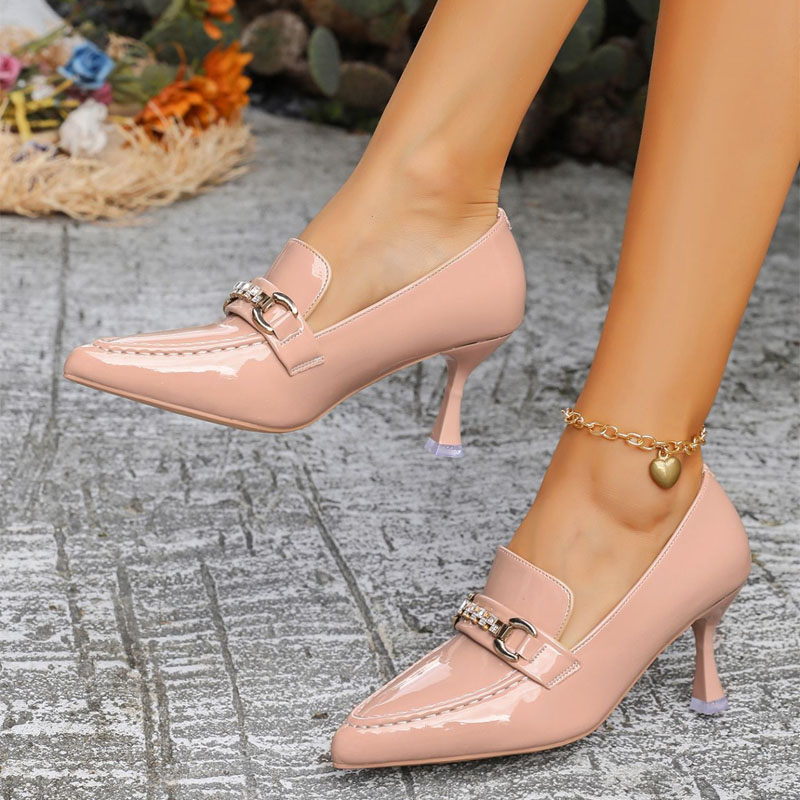 Shoeswoon Pointed Vamp Rhinestone Metal Buckle Patent Sculpted High Heels