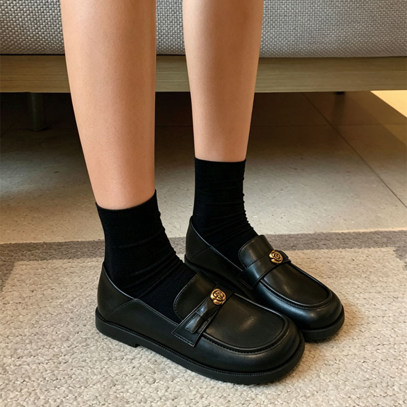 Shoeswoon Black Square Toe Gold Rose Metal Decor Slip‑on Loafers
