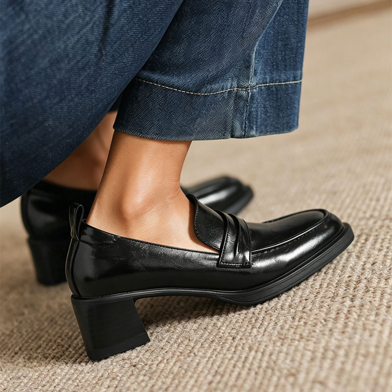 Shoeswoon Retro Pleated Strap Slip‑on Chunky Heel Office Loafers