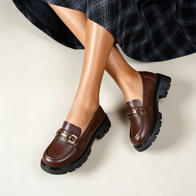 Shoeswoon Classic Round Toe Metal Decor Thick Sole Ladies Loafers