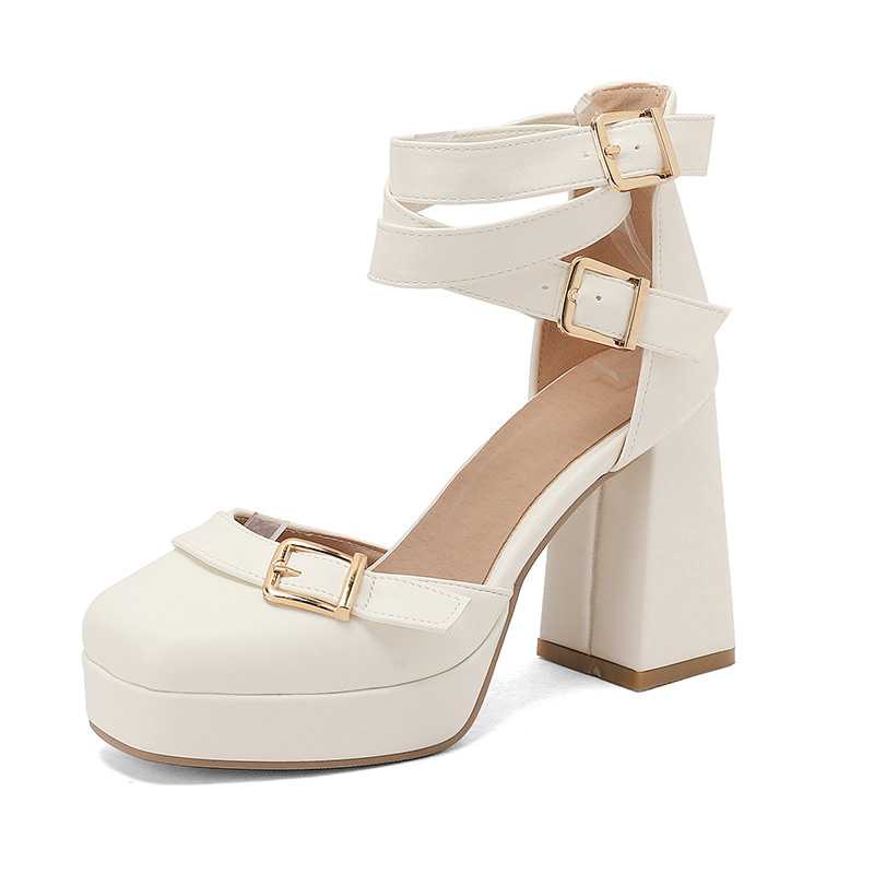Shoeswoon Square‑Toe Gold‑Buckle Cutout High Block‑Heel Women's Mary Jane Pumps