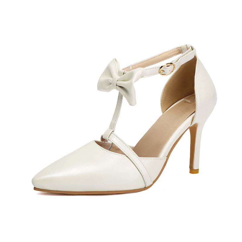 Shoeswoon T‑Strap Bow Ankle Strap Pointed Toe Stiletto Wedding Pumps