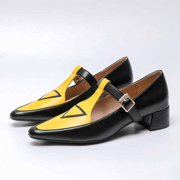 Shoeswoon Retro Contrast T‑Strap Buckle Mid Block Heel Mary Jane Shoes