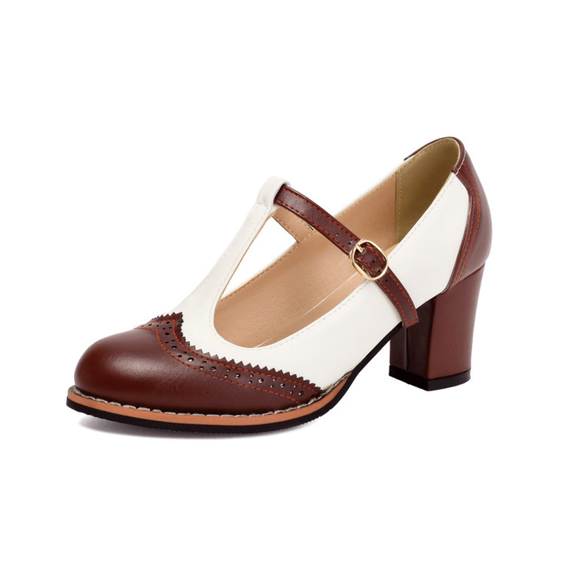 Shoeswoon Round Toe Retro Saddle T‑Bar Mary Janes Mid Block Heel