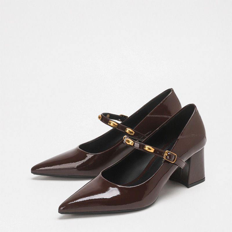 Shoeswoon Pointed Toe Glossy Patent Mary Janes Gold Decor Strap Mid Block Heel