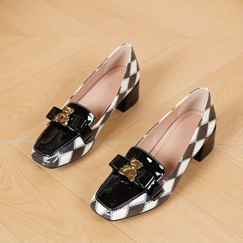 Shoeswoon Retro Black‑White Argyle Pattern Bow Decor Block Heel Loafer Shoes