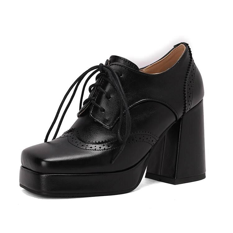 Shoeswoon Spliced Brogue Lace‑Up Platform Chunky Block Heel Oxford Shoes